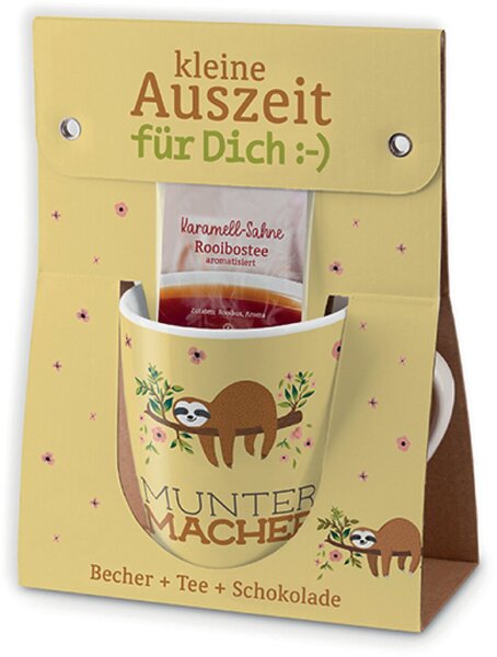 Image Becher+Tee+Schokolade Motiv Faultier Becher 250 ml, Vollmilchschokolade 40g