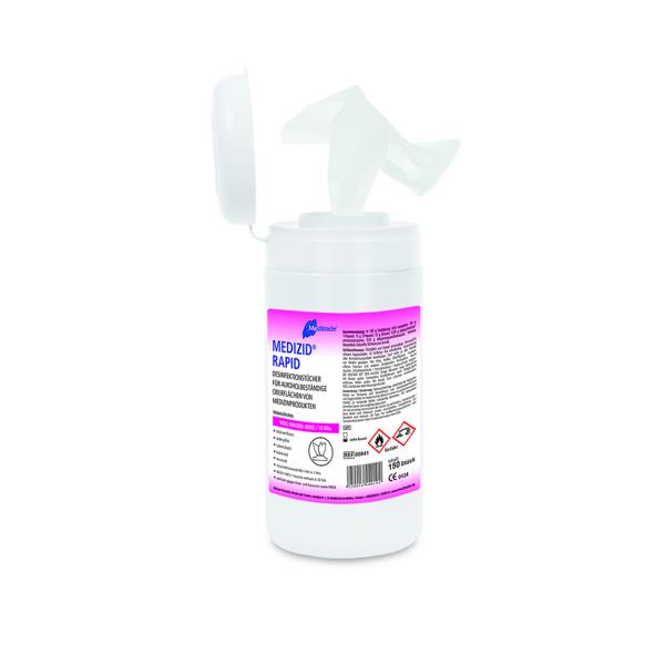 Image Medizid® Rapid+ Desinfektionstücher, PE-Spenderdose | 150 Tücher Desinfektionstücher für alkoholbeständige Oberflächen von Medizinprodukten, passender Artikel 35757