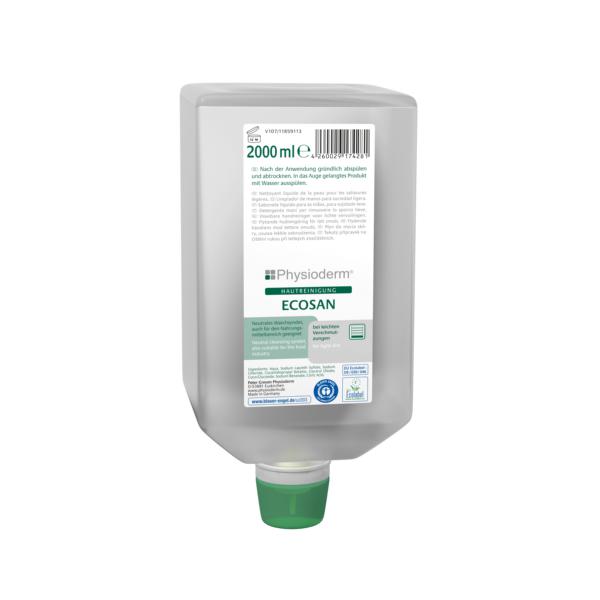 Image Physioderm® Ecosan | 2000 ml Varioflasche <br>bei leichten Verschmutzungen, besonders geeignet für den Nahrungs- und Genussmittelbereich, passende Spender (70481, 70412, 70414)