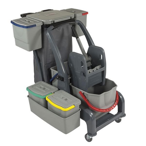 Image Reinigungswagen "COMBIX PRO" | 1 x 25 Liter, 1 x 18 Liter <br>Doppel-Fahrwagen mit 25/18 Liter Eimer (Henkel blau/rot), 2 x 6 Liter Eimer (Henkel rot/blau), 2 x 6 Liter Eimer mit Wanne (Henkel gelb/grün) Halterung für Müll- oder Wäschesack, Doppelbacken-Mopp-Presse, seitliche Moppablage