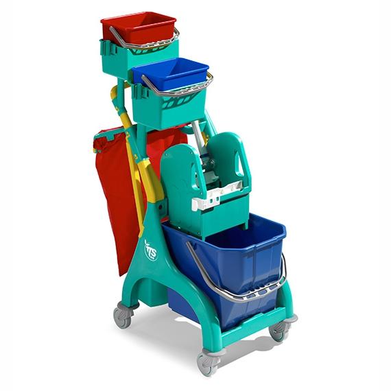 Image Reinigungswagen "Nick Plus 30" grün | 15 Liter  <br>komplett mit Abfalleinheit für 50 Liter Säcke, 2 x Eimer á 4 Liter, 1 x Eimer á 15 Liter, Tec Presse und Eimerhalterung