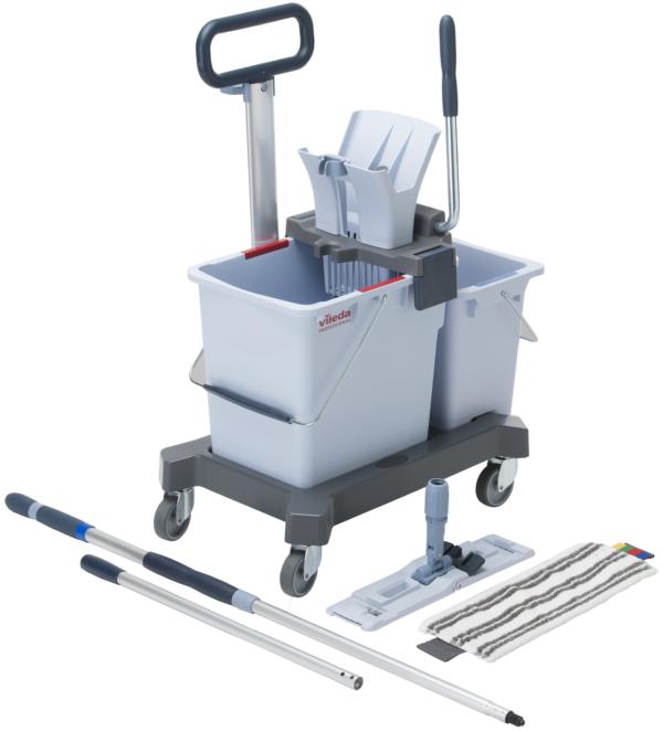 Image Reinigungswagen "UltraSpeed Pro Ready-to-Go-Set ML" <br>Doppelfahreimer mit Presse und seitlichem Handgriff/Schiebegriff + Mopphalter mit Teleskopstiel + MicroLite-Mopp