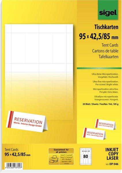Image SIGEL DP046 - Tischkarten - High White - 95 x 42 mm - 185 g/m2 - 80 Stck. (20 B