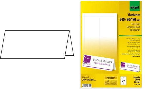 Image SIGEL DP047 - Tischkarten - High White - 60 x 100 mm - 185 g/m2 - 40 Stck. (20 