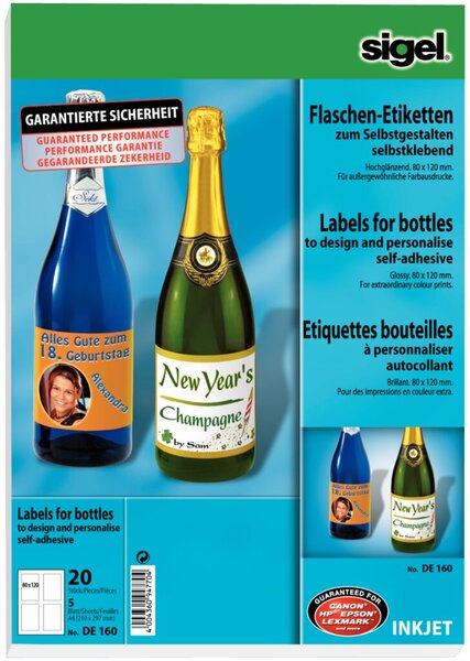 Image SIGEL Inkjet Flaschen-Etiketten, 80 x 120 mm, 85 g-qm Foto-Papier, selbstkleben