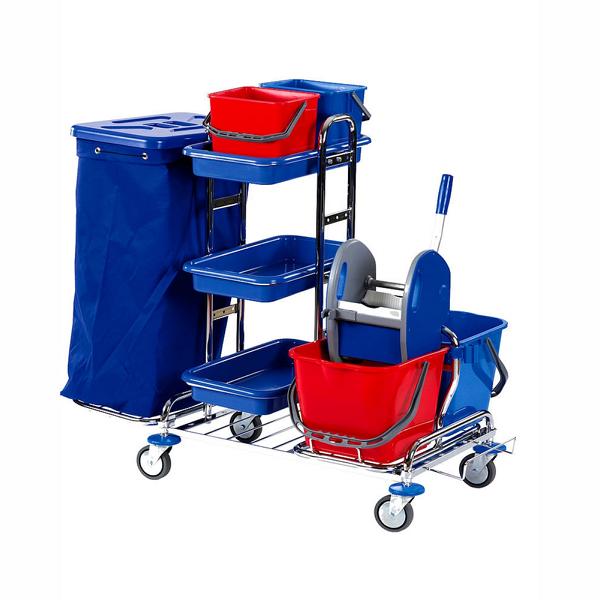 Image Systemwagen "1 - HR 2 x70 - SOLID" verchromt | 2 x 17 Liter <br>Reinigungswagen verchromt mit 2 Eimer á 17 Liter, 2 x 70 Liter Abfalleinheit, 2 Eimer á 6 Liter, 3 Wannen, Ablage für Mop und Besen