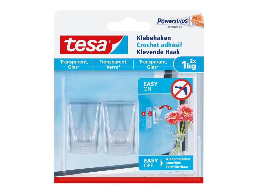 Image TESA Klebehaken, 2 Stück, für transparente Oberflächen und Glas, bis zu 1kg pro