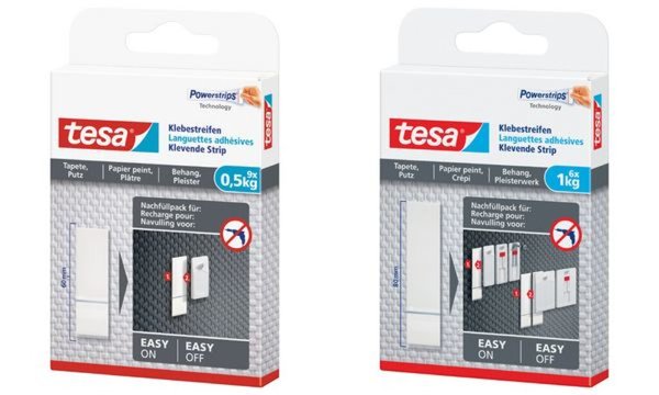 Image TESA Klebestreifen, 6 Stück, für Tapeten und Putz, bis zu 1kg pro Streifen, weiß