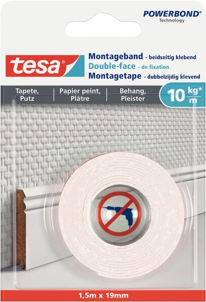 Image TESA Montageband, 1,5m x 19mm, für Tapeten und Putz, bis zu 10kg/m, weiß