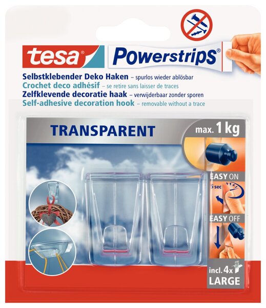 Image TESA Powerstrips DECO-HAKEN XL, Haltekraft: max. 1,0 kg transparent, UV-beständ