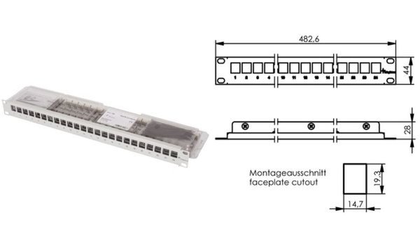 Image TG 19 Modulträger 1 HE grau J02023A0039 RAL 7035 inkl. 24x AMJ-S Modul Cat.6A