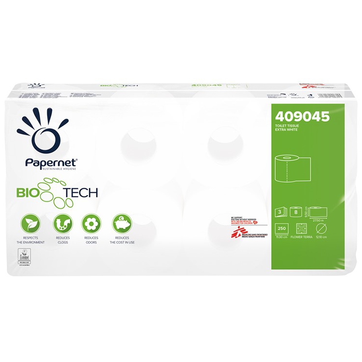 Image Toilettenpapier 3-lagig, 250 Blatt/Rolle, weiß "BioTech" | 72 Rollen/Sack <br>schnellauflösendes deinktes Papier