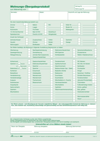 Image Universal-Mietvertrag mit Übergabe- protokoll, selbstdurchschreibend