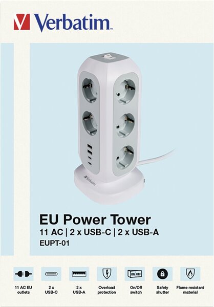Image Steckdosenturm EUPT-01, weiß, 11x 230V EU, 2x USB Typ-A, 2x USB
