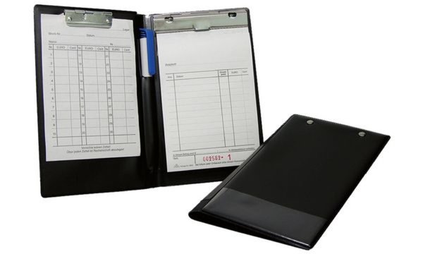 Image WEDO Kassenblock-Mappe, DIN A6, schwarz aus Kunststoff, mit Metallklemme, links