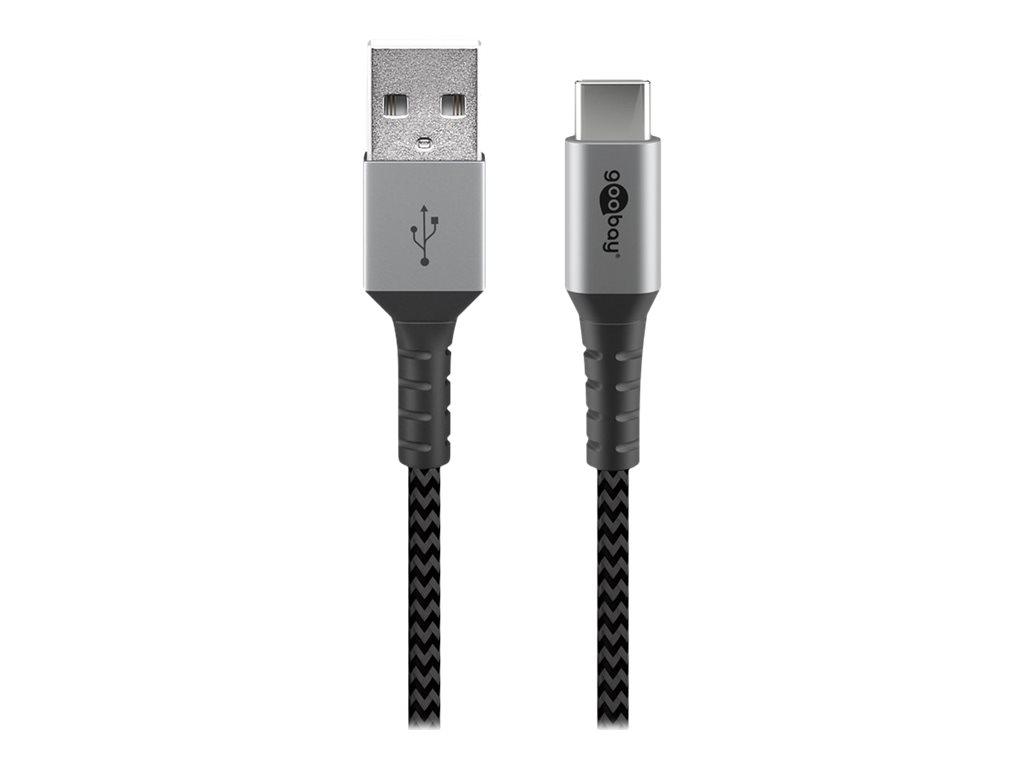 Image WENTRONIC Goobay USB-C auf USB-A Textilkabel mit Metallsteckern space grau/silb