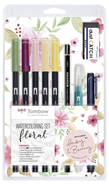 Image Watercoloring Set, Floral, 5 farbige Brush Pens, 1 Wassertankpinsel