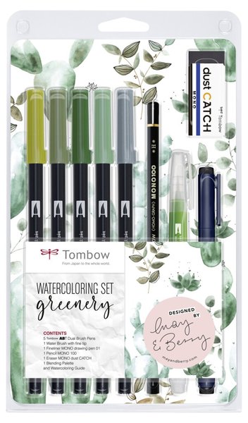 Image Watercoloring Set, Greenery, 5 grün farbige Brush Pens,
