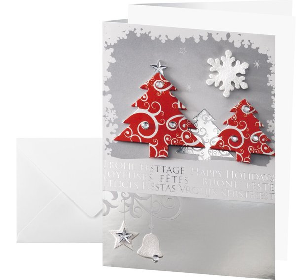 Image Weihnachts-Karte+Umschlag Three Trees Silberprägung Glanzkarton Einlageblatt