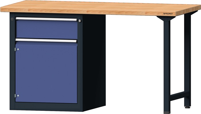 Image Werkbank B1500xT700xH840mm Buche-Massiv grau/blau NCS 1Schubl1Tür Standcontainer
