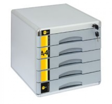 Image Hochwertige Schubladenbox / Ablagebox / Ordnungsbox / Dokumentenbox, passend für A4, abschließbar mit Schloss, mit 5 Fächern und Beschriftungsfeldern, aus Metall und Holz-Corpus, Farbe: silber/grau – 1 Stück