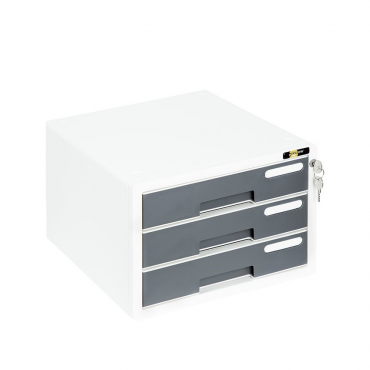 Image Hochwertige Schubladenbox / Ablagebox / Ordnungsbox / Dokumentenbox, passend für A4, abschließbar mit Schloss, mit 3 Fächern und Beschriftungsfeldern, aus Kunststoff, Farbe: weiß/grau– 1 Stück