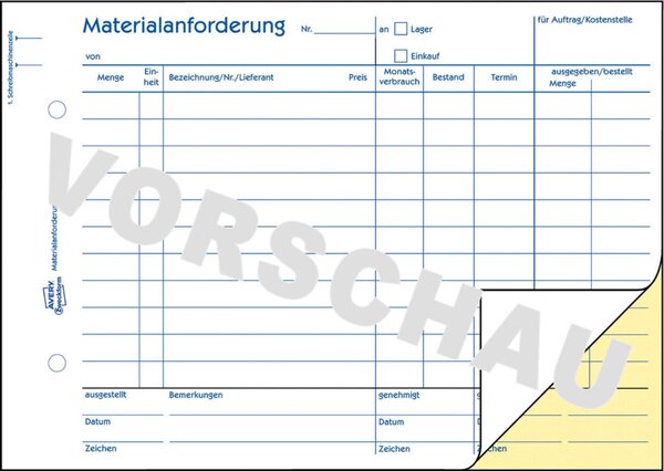 Image AVERY Zweckform Formularbuch "Materialanforderung", SD, A5