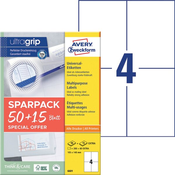 Image AVERY Zweckform Universal-Etiketten, 105 x 148 mm, 50+15 Bl.
