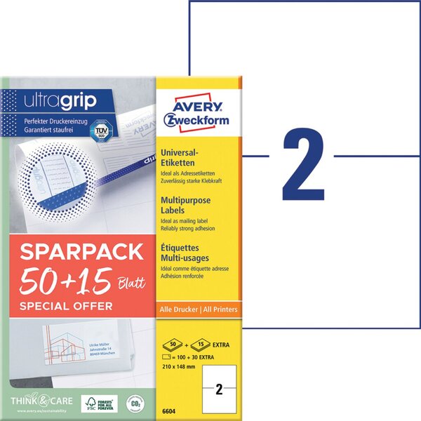 Image AVERY Zweckform Universal-Etiketten, 210 x 148 mm, 50+15 Bl.