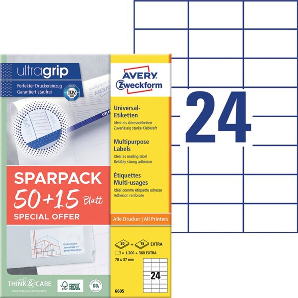 Image AVERY Zweckform Universal-Etiketten, 70 x 37 mm, 50 + 15 Bl.