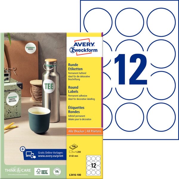 Image ZWECKFORM AVERY Etiketten rund, Durchmesser 60 mm, weiß Inhalt: 1200 Etiketten 