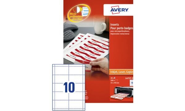 Image ZWECKFORM AVERY Inserts pour badges en planches A4, 55 x 86 mm, blanc microperf