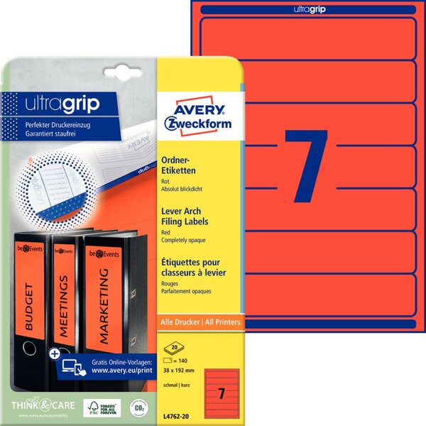 Image ZWECKFORM AVERY Ordnerrücken-Etiketten, 38 x 192 mm, rot für Inkjet-, Laser-, F