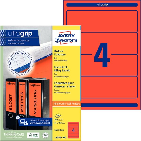 Image ZWECKFORM AVERY Ordnerrücken-Etiketten, 61 x 192 mm, rot für Inkjet-, Laser-, F