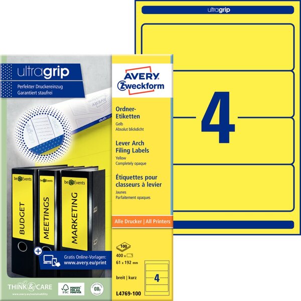 Image ZWECKFORM AVERY Ordnerrücken-Etiketten, 61 x 192 mm, gelb für Inkjet-, Laser-, 