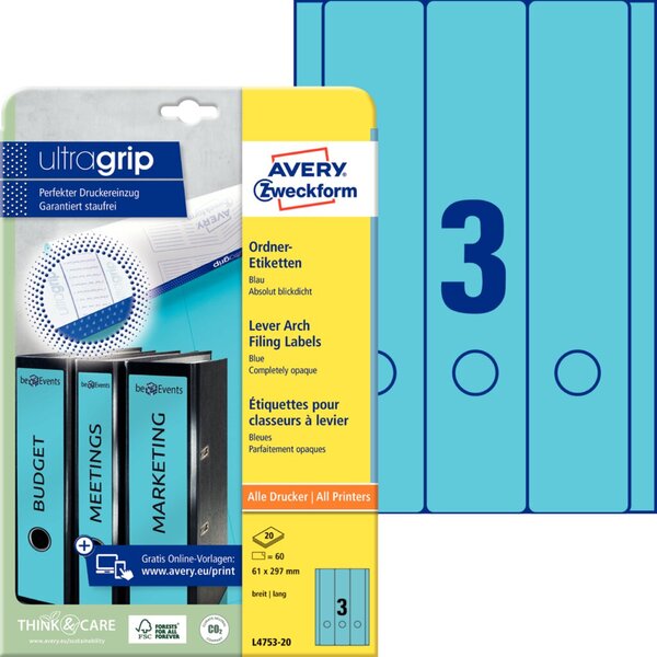 Image ZWECKFORM AVERY Ordnerrücken-Etiketten, 61 x 297 mm, blau mit Griffloch (L4753-