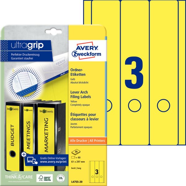 Image ZWECKFORM AVERY Ordnerrücken-Etiketten, 61 x 297 mm, gelb mit Griffloch (L4755-