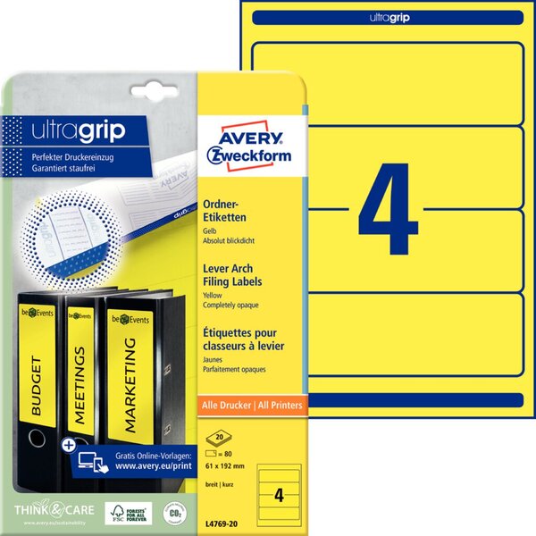 Image ZWECKFORM AVERY Ordnerrücken-Etiketten, 61 x 192 mm, gelb für Inkjet-, Laser-, 
