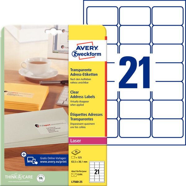 Image ZWECKFORM AVERY QuickPEEL Adress-Etiketten, 63,5 x 38,1 mm (L7560-25)