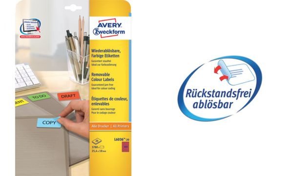 Image ZWECKFORM AVERY StickundLift Etiketten, 38,1 x 21,2 mm, blau wiederablösbar, Ra