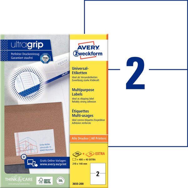 Image ZWECKFORM AVERY Universal-Etiketten, 210 x 148 mm, weiß ohne Rand, ProNature - 