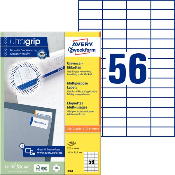 Image ZWECKFORM AVERY Universal-Etiketten, 52,5 x 21,2 mm, weiß (3668)