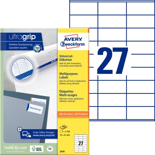 Image ZWECKFORM AVERY Universal-Etiketten, 70 x 32 mm, weiß Rand an Kopf und Fuß, Pro