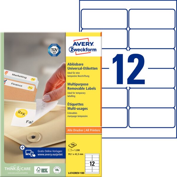 Image ZWECKFORM AVERY Universal-Etiketten, 99,1 x 42,3 mm, weiß wiederablösbar, mit u