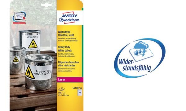 Image ZWECKFORM AVERY Wetterfeste Etiketten, 210 x 148 mm, weiß matt beschichtete Pol