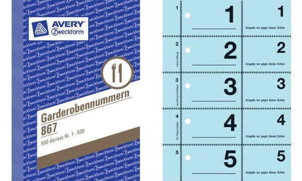 Image ZWECKFORM AVERY Zweckform Formularbuch "Garderobennummern", 1-500, A6 100 Blatt