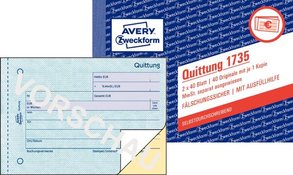 Image ZWECKFORM AVERY Zweckform Formularbuch "Quittung mit MwSt.", SD A6 quer, 2 x 40