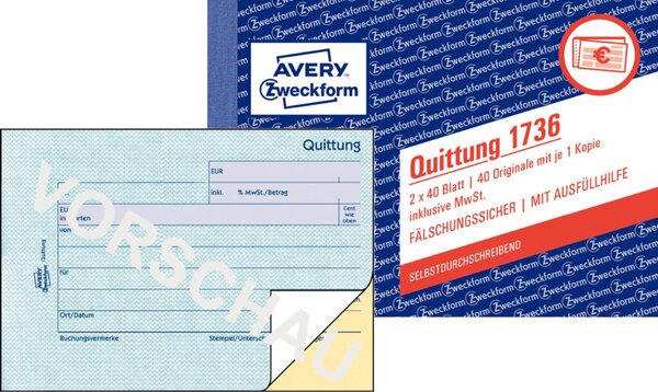 Image ZWECKFORM AVERY Zweckform Formularbuch "Quittung", SD, A6 quer 2 x 40 Blatt, 1.