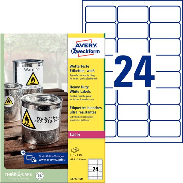 Image ZWECKFORM AVERY wetterfeste Etiketten, 63,5 x 33,9 mm für Laser-/Farblaser-Druc