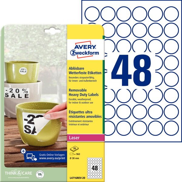 Image ZWECKFORM AVERY wetterfeste Etiketten, Durchmesser: 30 mm wiederablösbar, strap